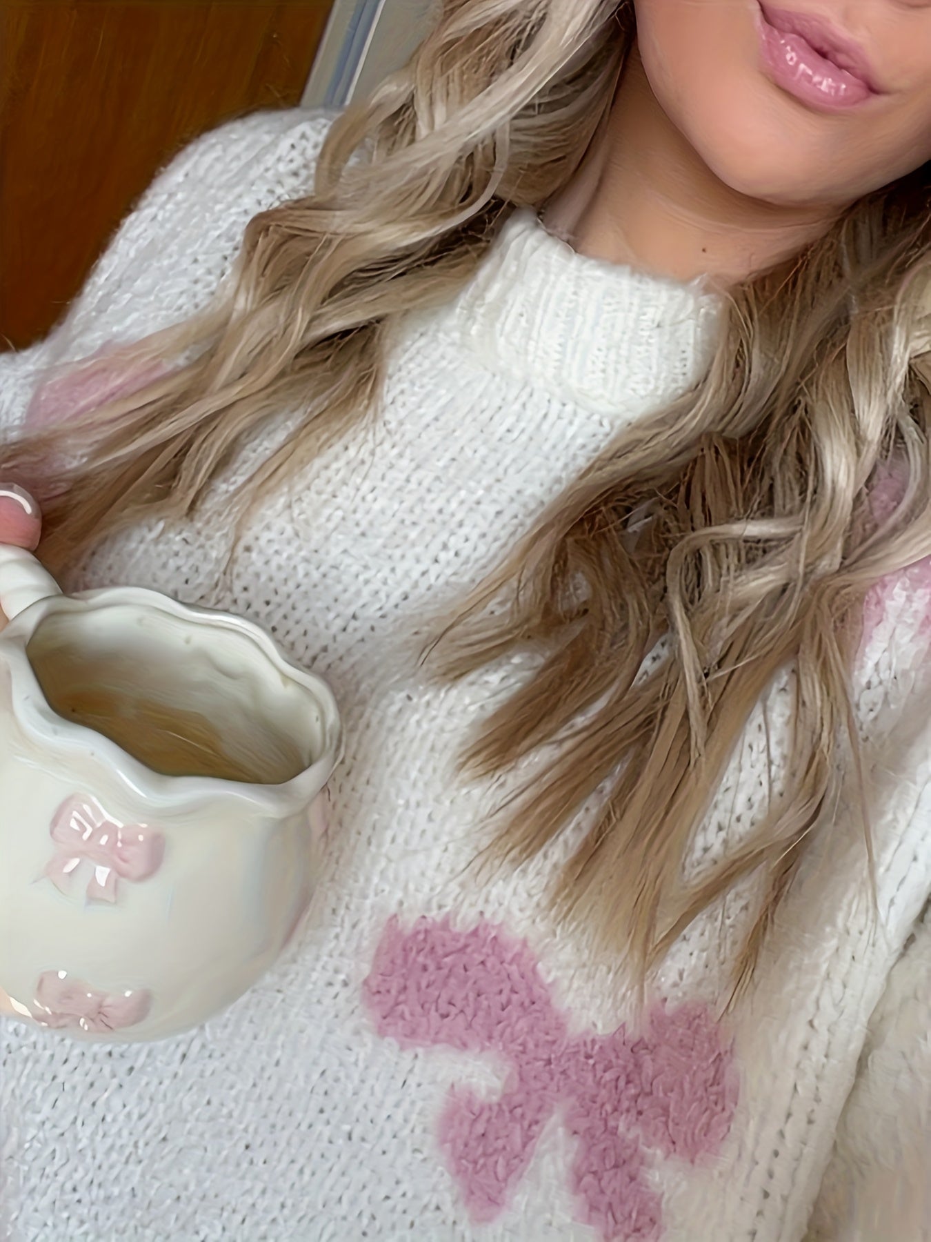 Elegant Butterfly Bow Pattern Sweater for Women - Long Sleeve, Round Neck, Soft & Cozy, Perfect for Spring, Summer, Fall, and Winter Outfits, Cute Sweaters