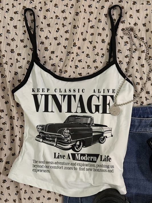 Y2K Retro Car Print Sleeveless Cami Top for Women - "Keep Classic Alive" Design, White with Black Straps, Machine Washable, All-Season Casual Wear