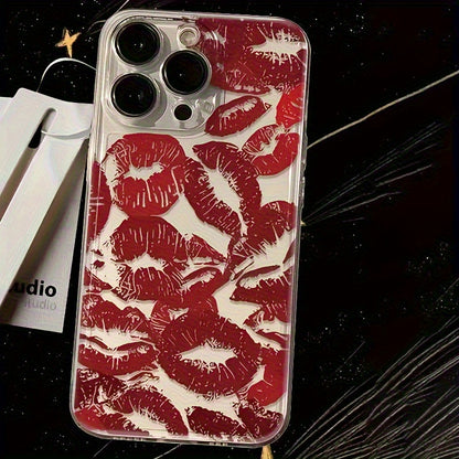 1pc Full Screen Red Lip Print Transparent Space Phone Case, Suitable for iPhone 11 12 13 14 15 16 XS XR X 7 8 Plus Pro Max SE Series, Perfect as a Gift for Yourself or Friends