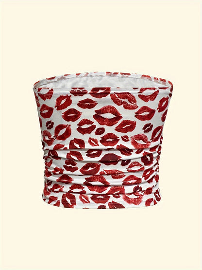 Sleeveless Sexy Lips Print Tube Top for Summer, Women's Clothing