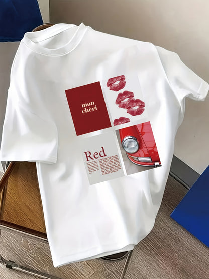 Women's White Short Sleeve T-Shirt - Romantic Collage Print with Red Lips, Vintage Car & "Mon Chéri" Text - Casual Round Neck Top for Spring Summer Fall - Machine Washable Gift Idea, Cute Shirt, Casual Attire, Artistic Print, Nontransparent Fabric