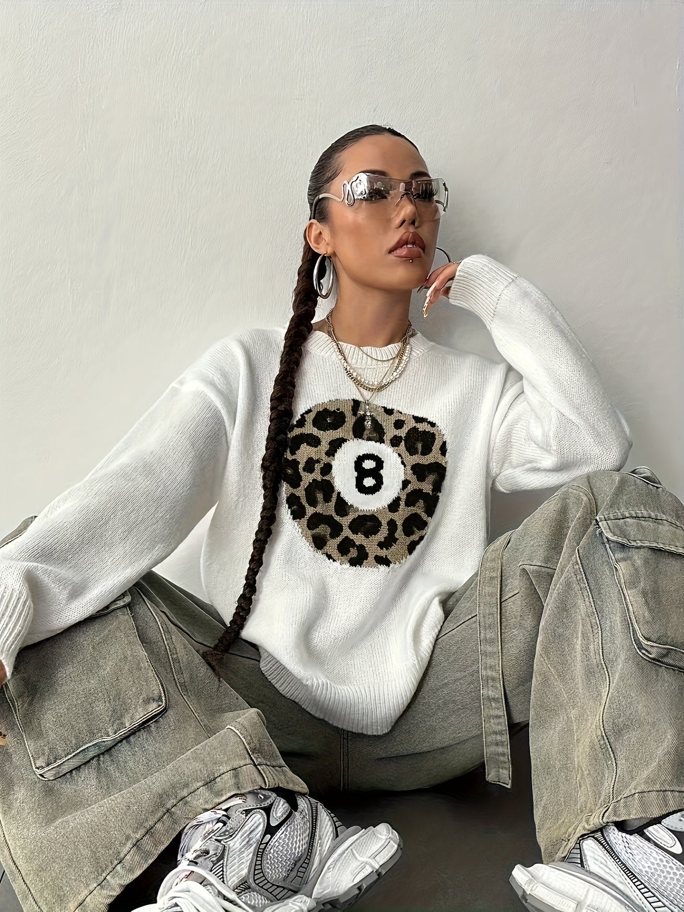 [8pcs Leopard Print Sweater Set] 8pcs Stylish Casual Leopard Print Ball Design Billiard Sweater Set