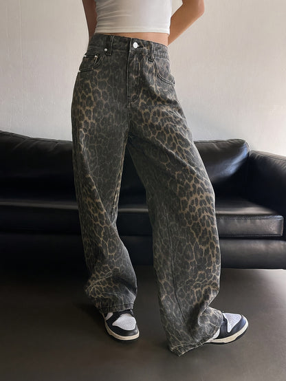 NVFelix Women's Leopard Print Straight Leg Pants - Non-Stretch Fabric, Button Closure & Built-In Zipper, Y2K Retro Streetwear Style with Pockets, All-Season Casual Trousers, Leopard Print Leggings, Highquality Fabric