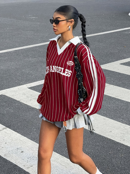 Women'S Red & White Striped Long Sleeve T-Shirt with "Los Angeles" Letter Print - Y2K Style Casual Top for Casual Attire, Allseason Tee | Y2K Fashion | Durable Fabric