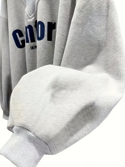 Comfortable 1pc Women's Casual V-Neck Long Sleeve Pullover Sweatshirt, Polyester Knit with Letter Print, Autumn/Winter Fashion, Ultra-warm Comfort in Paris Slogan