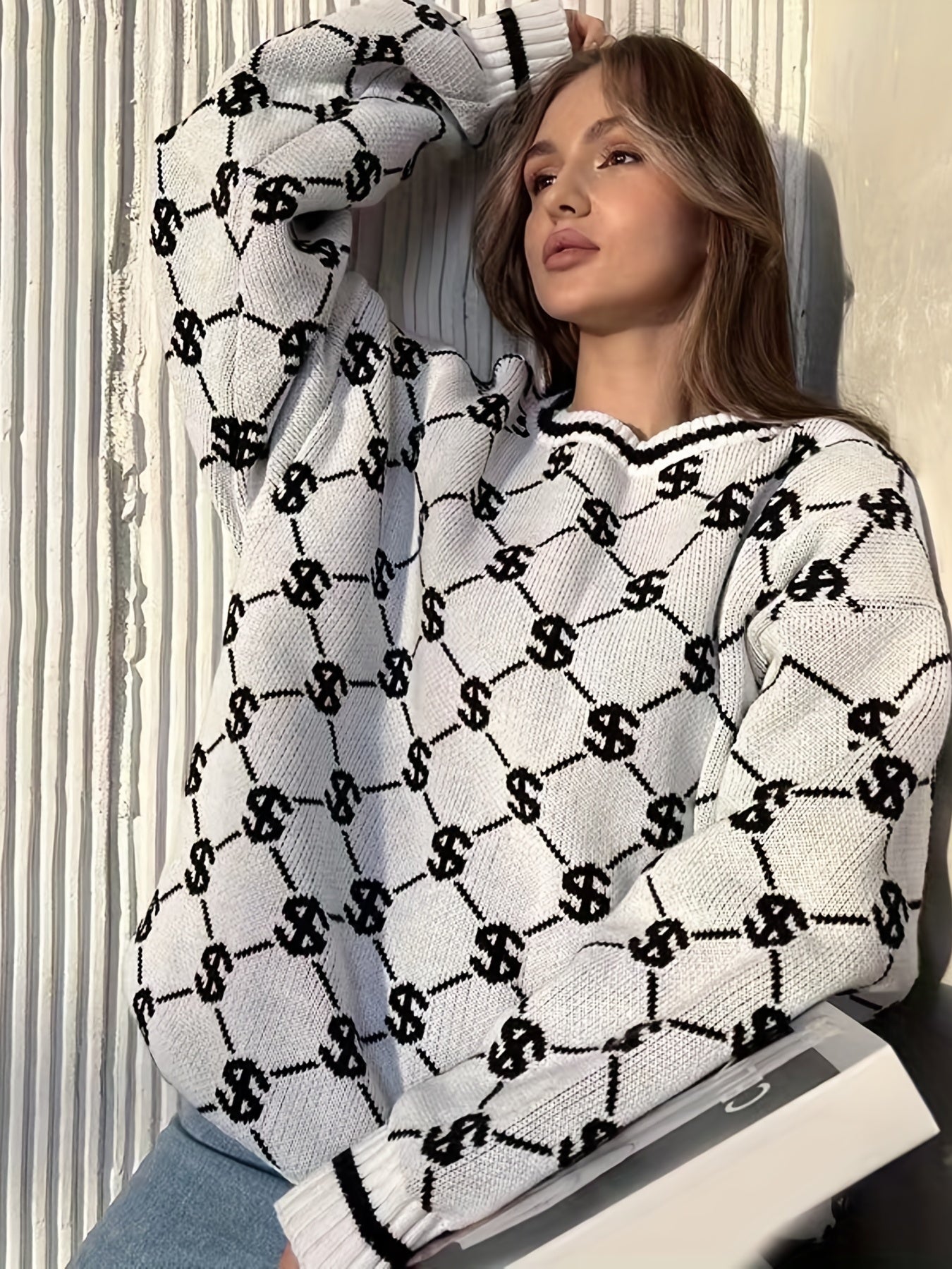 Oversized Crew Neck Long Sleeve Dollar Pattern Pullover Sweater, Casual Warm Women's Clothing