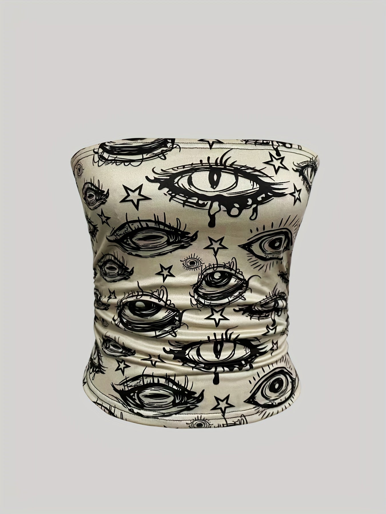Women's Slim-Fit Off-Shoulder Strapless Top with Eye & Star Print - Stretchy Midriff-Baring Shirt, Machine Washable All-Season Chic Top for Casual & Evening Wear, Versatile Fashion, Eyecatching Design, Stretchy Fabric