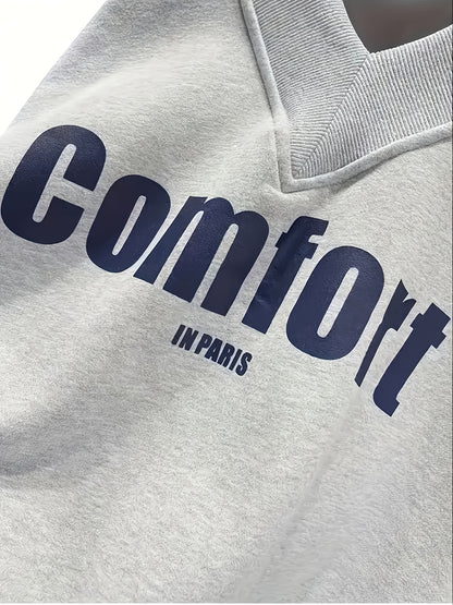 Comfortable 1pc Women's Casual V-Neck Long Sleeve Pullover Sweatshirt, Polyester Knit with Letter Print, Autumn/Winter Fashion, Ultra-warm Comfort in Paris Slogan