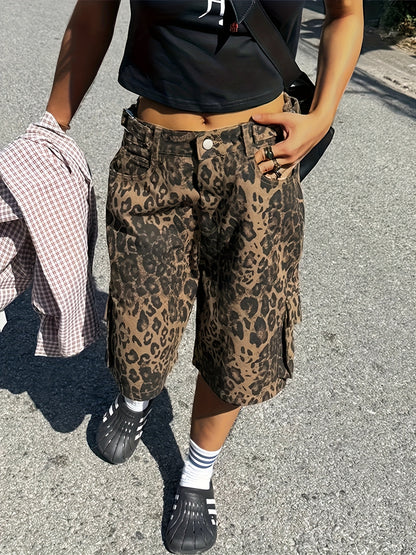 Leopard Print Cargo-Style Lace-Up Shorts