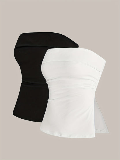 Women'S Sexy Off-Shoulder Tube Top - Solid Color Stretchy Crop Top for Casual & Formal Wear, All-Season Versatile Sleeveless Blouse, Crop Top Blouse