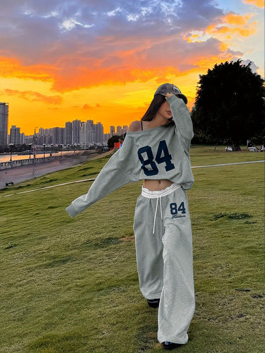 Women'S Fashionable Casual Off-the-shoulder Top and Trousers Two-piece Set, Loose-fitting Geometric Print Trousers, Long Sleeves, Loose Fit, Digital Print, Drawstring Detail, Suitable for Casual Attire, Combining Comfort and Fashion.