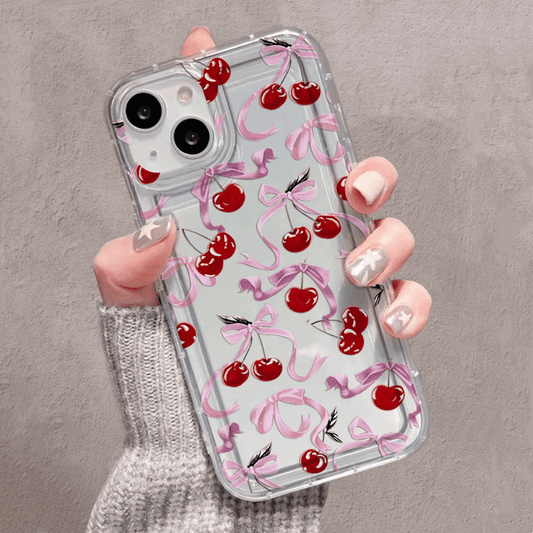 [Transparent Shockproof Cherry Phone Case] Fashionable and high-end cherry bow pattern transparent phone case suitable for iPhone 11 12 13 14 15 16pro max transparent shockproof protective case suitable for 7 8 plus mini series soft shell