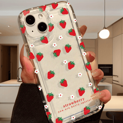 1pc Red Strawberry White Flower Shockproof Transparent Soft Phone Case Suitable for iPhone 16, 15, 14, 13, 12, 11 Pro Max, 14 Plus, 15 Plus, XS, XR, X, 8, 7, SE 2020