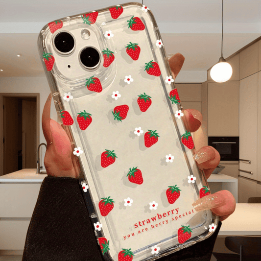 1pc Red Strawberry White Flower Shockproof Transparent Soft Phone Case Suitable for iPhone 16, 15, 14, 13, 12, 11 Pro Max, 14 Plus, 15 Plus, XS, XR, X, 8, 7, SE 2020