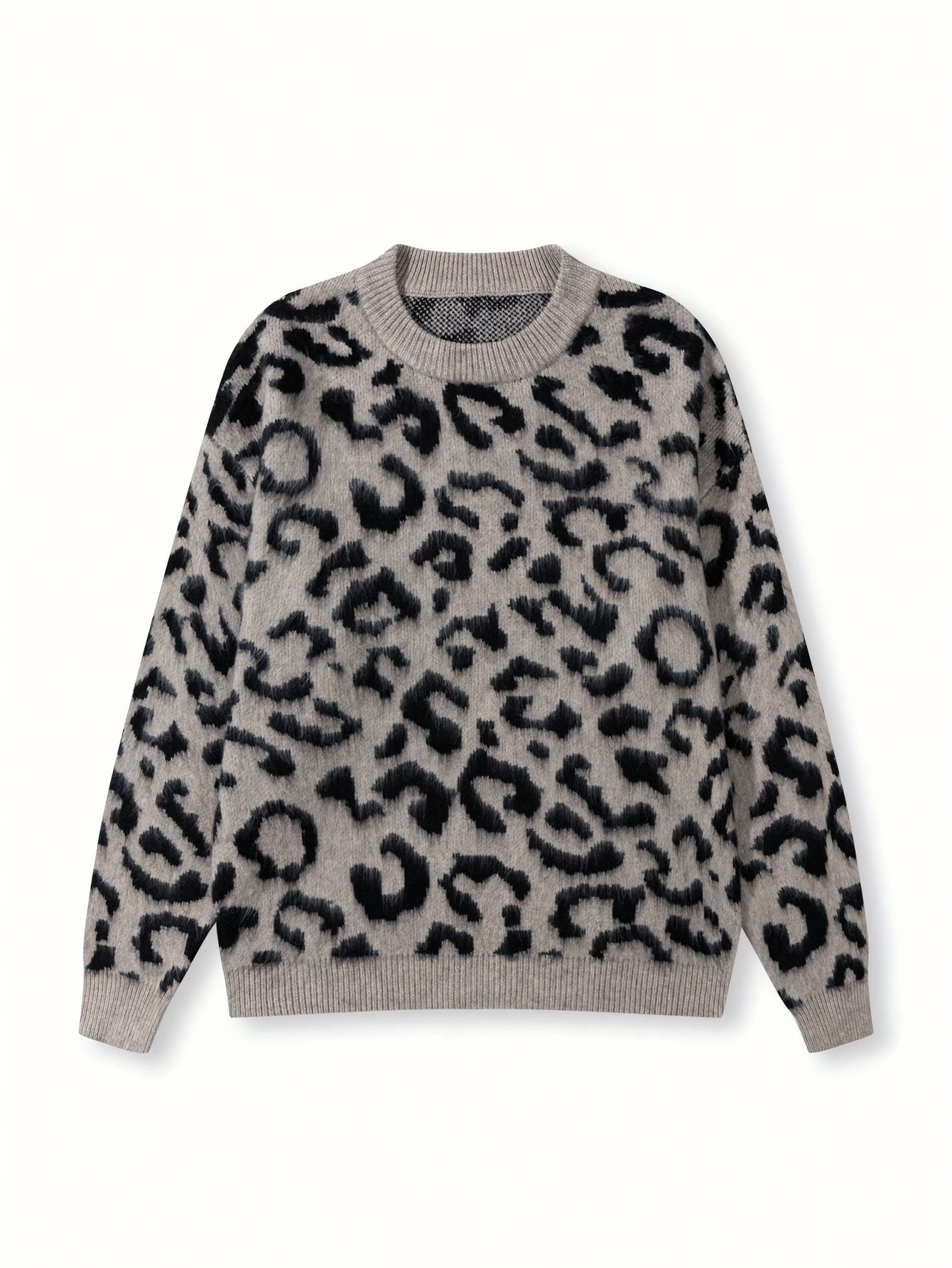 [Leopard Print Sweater] Oversized Men's Leopard Print Faux Fur Sweater | Cozy Fall Winter Knit Top with Round Neck, Black & White Contrast, Relaxed Fit Apparel, Highend Texture, Luxurious Feel Fabric