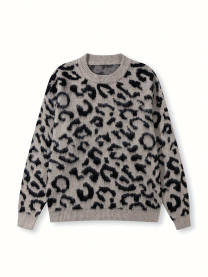 [Leopard Print Sweater] Oversized Men's Leopard Print Faux Fur Sweater | Cozy Fall Winter Knit Top with Round Neck, Black & White Contrast, Relaxed Fit Apparel, Highend Texture, Luxurious Feel Fabric