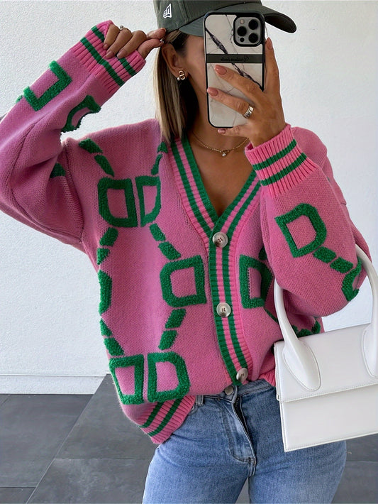 For Fall & Winter, V-Neck Button Up Color Block Knit Cardigan, Casual Tops, Women's Clothing