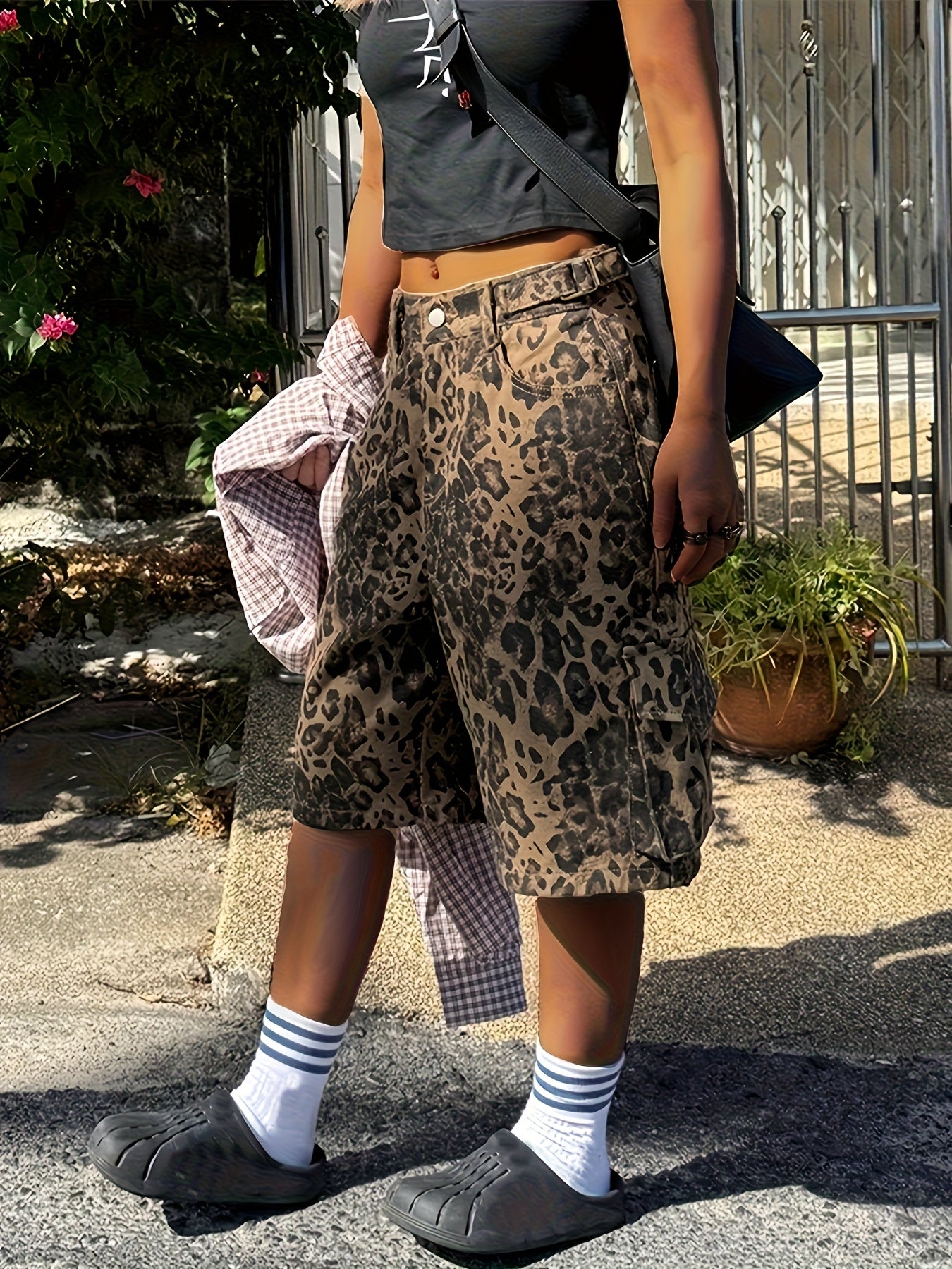 Leopard Print Cargo-Style Lace-Up Shorts