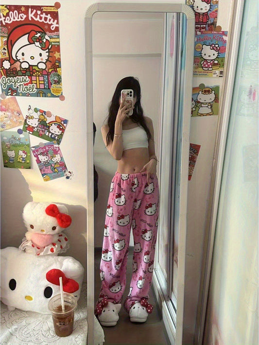 Sanrio Cartoon Hello Kitty Fleece-Lined Lounge Pants for Women, Autumn/Winter Flannel Pajama Pants