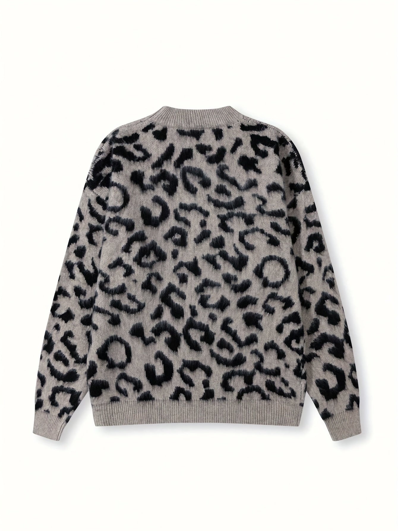 [Leopard Print Sweater] Oversized Men's Leopard Print Faux Fur Sweater | Cozy Fall Winter Knit Top with Round Neck, Black & White Contrast, Relaxed Fit Apparel, Highend Texture, Luxurious Feel Fabric