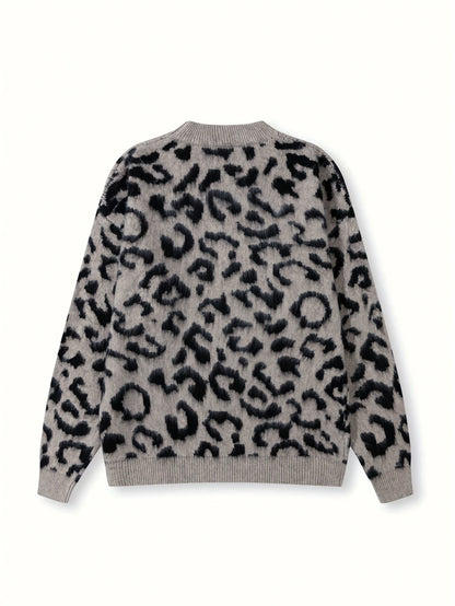 [Leopard Print Sweater] Oversized Men's Leopard Print Faux Fur Sweater | Cozy Fall Winter Knit Top with Round Neck, Black & White Contrast, Relaxed Fit Apparel, Highend Texture, Luxurious Feel Fabric