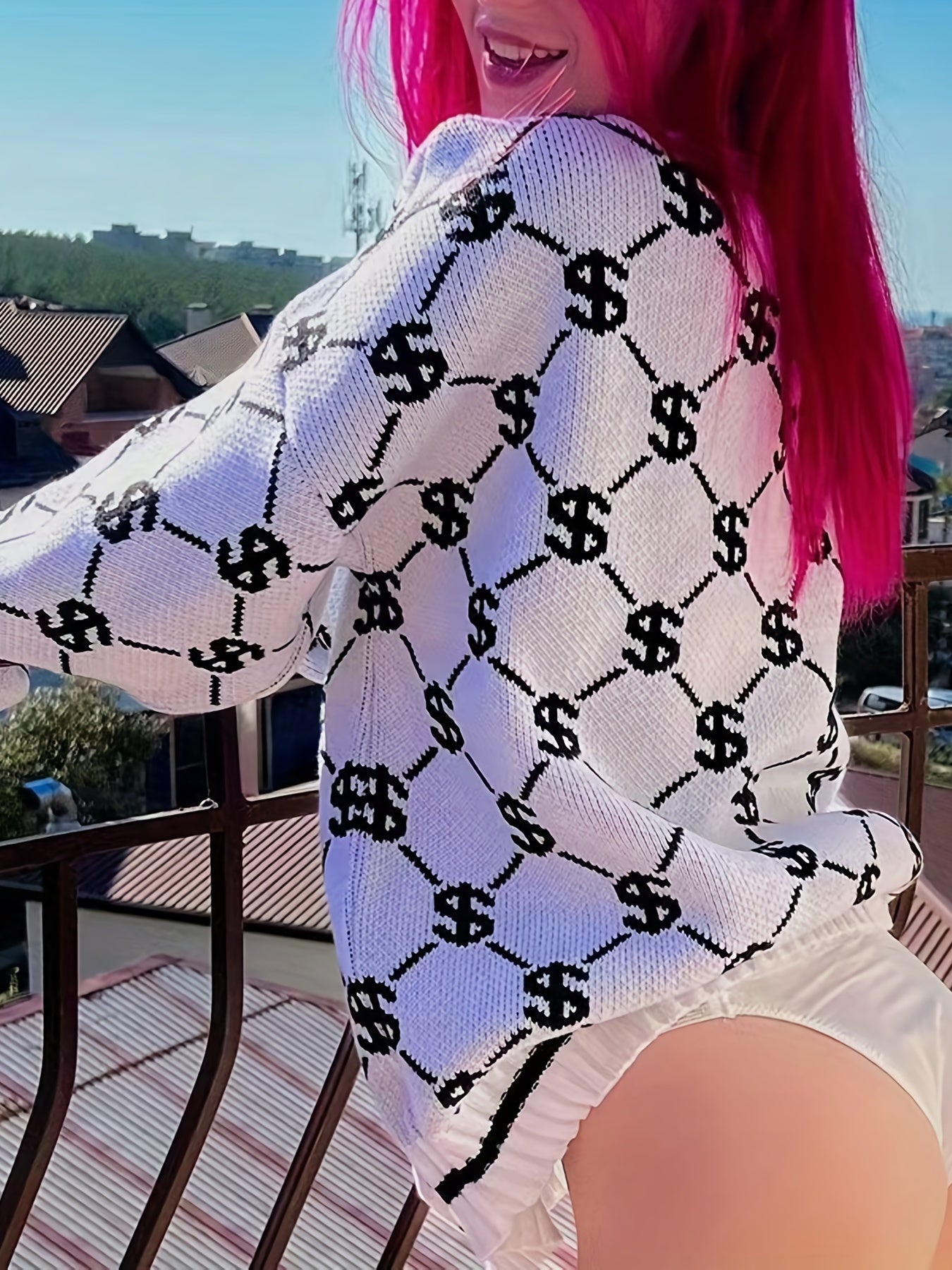 Oversized Crew Neck Long Sleeve Dollar Pattern Pullover Sweater, Casual Warm Women's Clothing