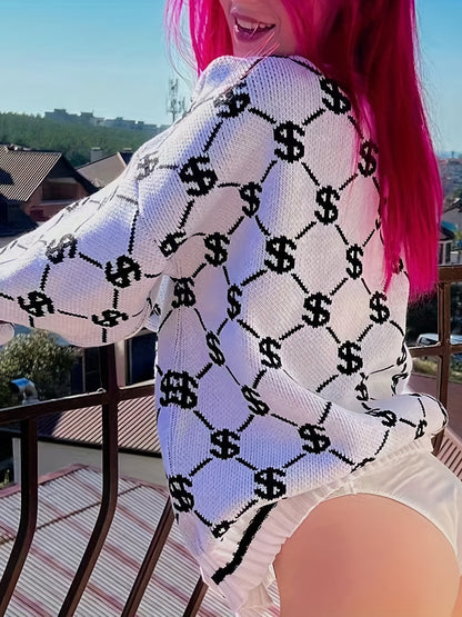 Oversized Crew Neck Long Sleeve Dollar Pattern Pullover Sweater, Casual Warm Women's Clothing