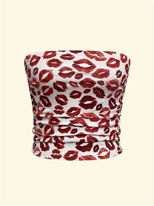 Sleeveless Sexy Lips Print Tube Top for Summer, Women's Clothing