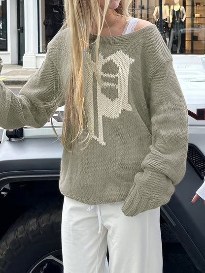 Y2K Oversized Casual Sweater with Letter Graphic - Cozy Round Neck Pullover, Machine Washable Non-Stretch Fall Fashion Top for Women, Cute Sweater, Winter Apparel, Textured Knitwear