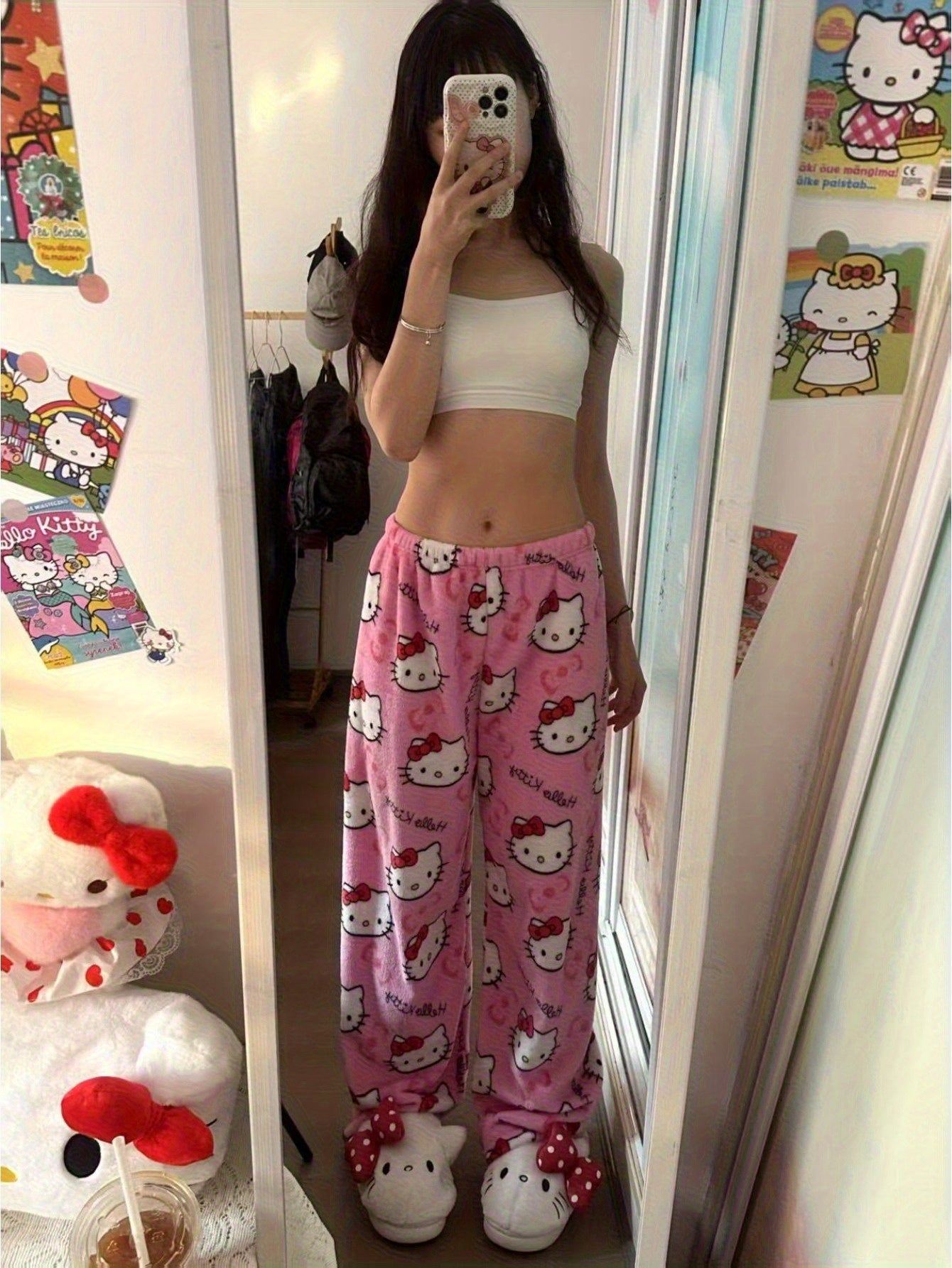 Sanrio Cartoon Hello Kitty Fleece-Lined Lounge Pants for Women, Autumn/Winter Flannel Pajama Pants