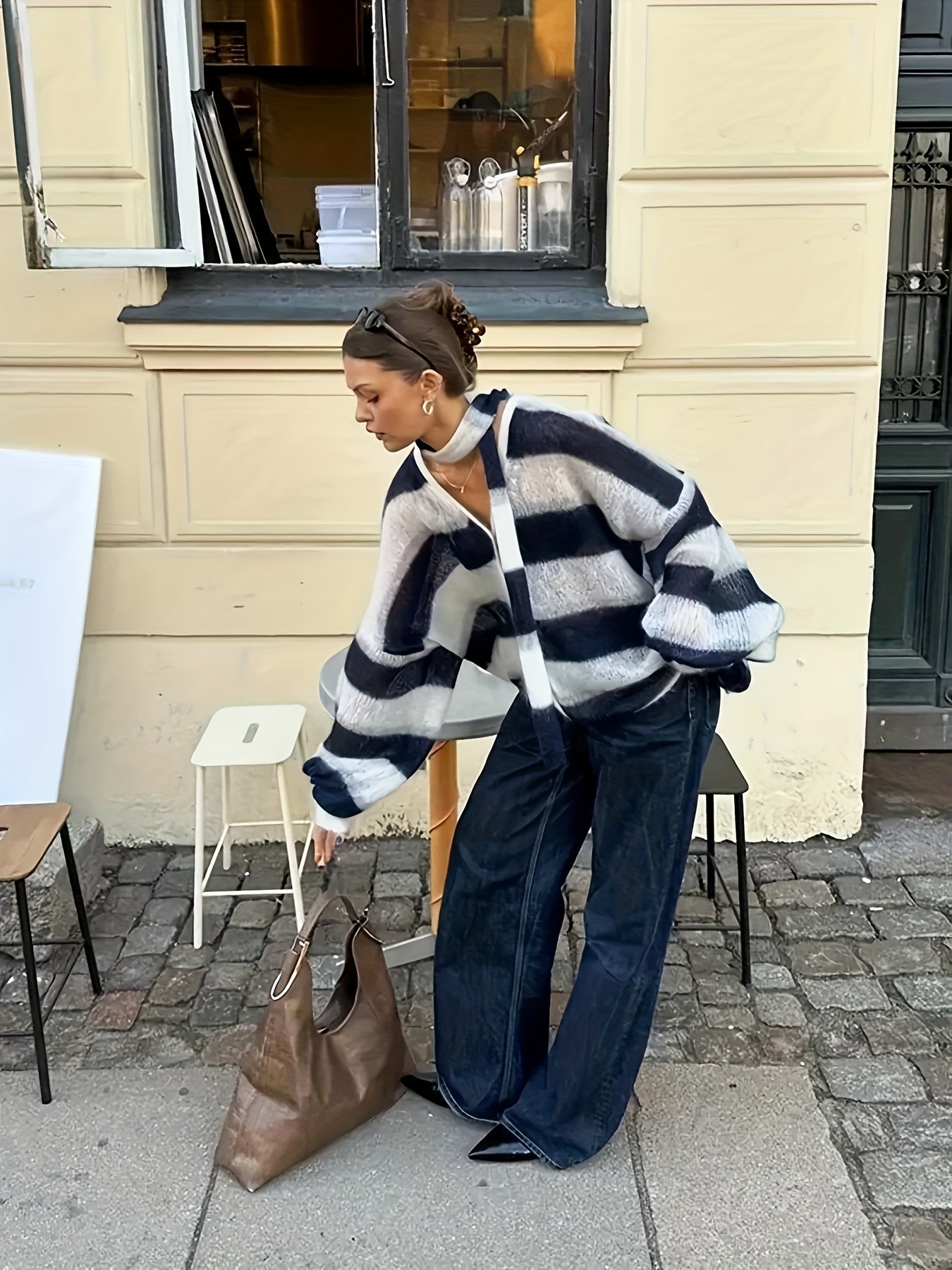 Women'S Elegant Deep Royal Blue Striped V-Neck Cardigan - Loose Fit Long Sleeve Sweater with Button Front, Warm Fall Winter Layering Essential, Stylish Scarf, Ladies Sweaters
