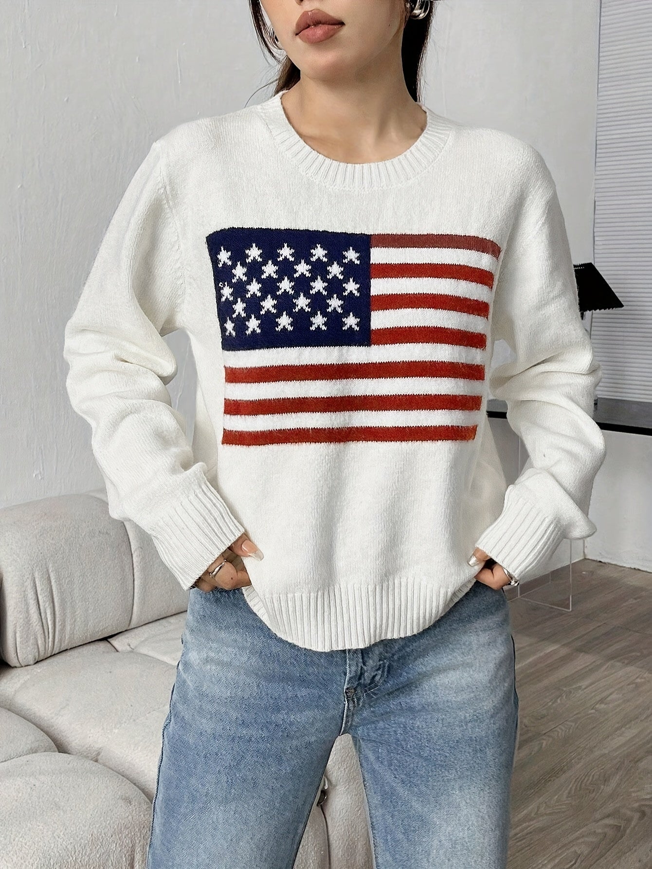 [American Flag Sweater] Elegant Women's American Flag Print Sweater | Loose Fit Round Neck Long Sleeve Top with Red & White Contrast, Semi-Sheer Fall Winter Fashion, Hand Wash/Dry Clean, Classic Sweater for Ladies, Casual Wear, Texture