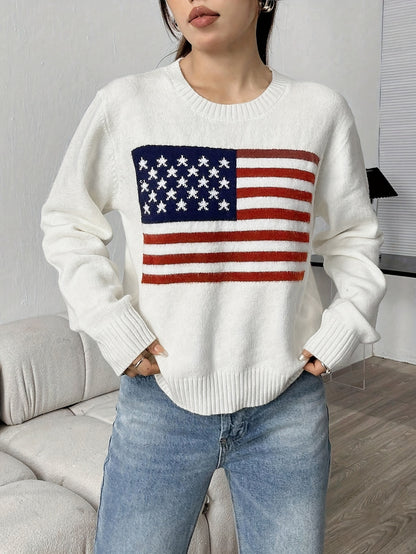 [American Flag Sweater] Elegant Women's American Flag Print Sweater | Loose Fit Round Neck Long Sleeve Top with Red & White Contrast, Semi-Sheer Fall Winter Fashion, Hand Wash/Dry Clean, Classic Sweater for Ladies, Casual Wear, Texture
