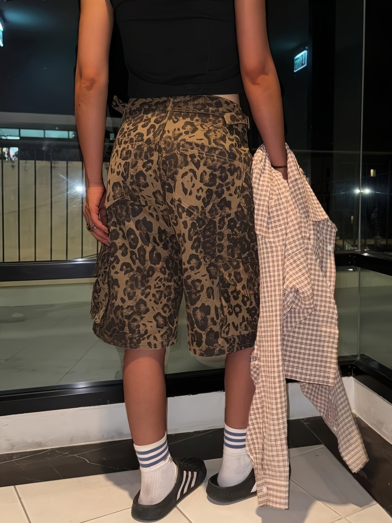 Leopard Print Cargo-Style Lace-Up Shorts