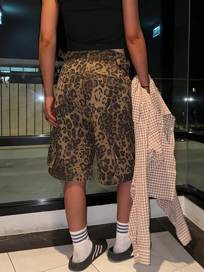 Leopard Print Cargo-Style Lace-Up Shorts