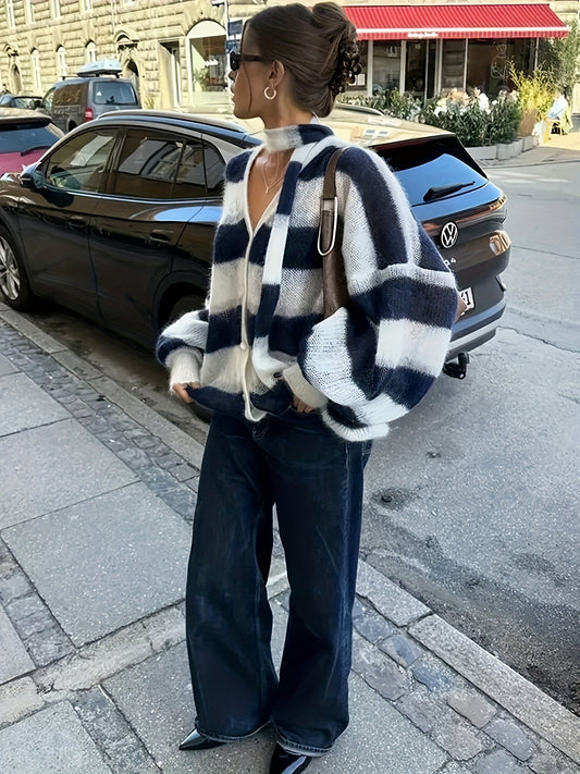 Women'S Elegant Deep Royal Blue Striped V-Neck Cardigan - Loose Fit Long Sleeve Sweater with Button Front, Warm Fall Winter Layering Essential, Stylish Scarf, Ladies Sweaters