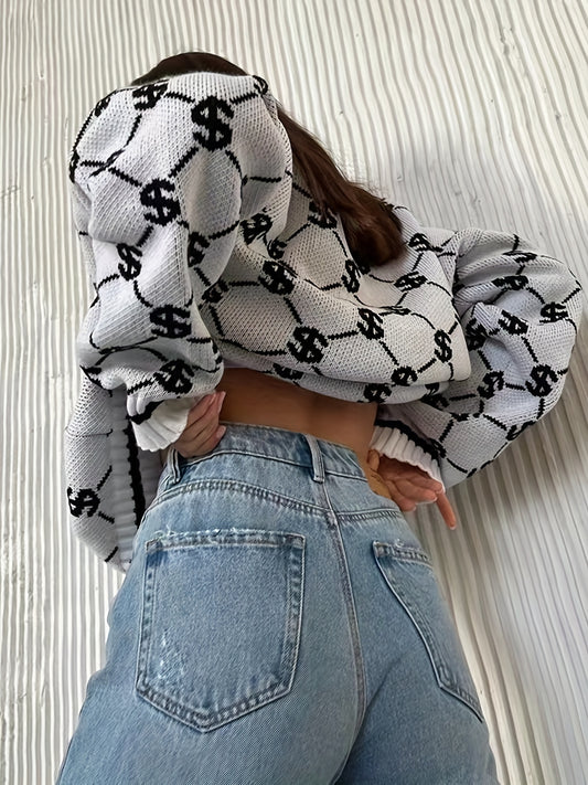 Oversized Crew Neck Long Sleeve Dollar Pattern Pullover Sweater, Casual Warm Women's Clothing