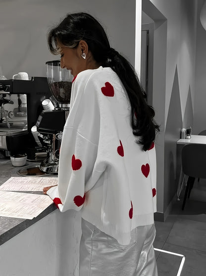 Valentine's Day Heart Knit Sweater - Cozy, Casual & Chic, Women's Easy-Care Polyester Top for Fall/Winter