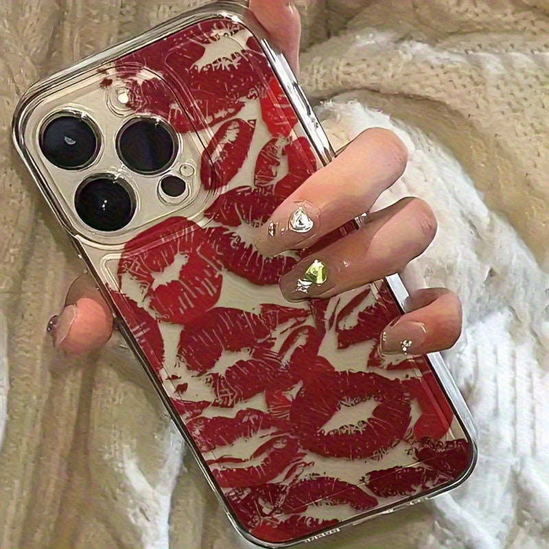 1pc Full Screen Red Lip Print Transparent Space Phone Case, Suitable for iPhone 11 12 13 14 15 16 XS XR X 7 8 Plus Pro Max SE Series, Perfect as a Gift for Yourself or Friends