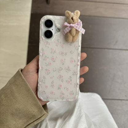 Girl Floral White Phone Case - Soft, Full-Coverage, 3D Pink Lattice Bow, Suitable for iPhone 11/12 Pro/13/14 Pro Max/15 Pro/16