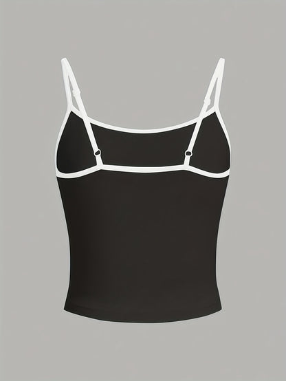 Women'S Casual Lip Print Cami Top with Black Straps and Backless Design - Polyester, Sleeveless, Adjustable, Summer Fashion, Casual Wear|Playful Graphic Cami|Strapless Desig