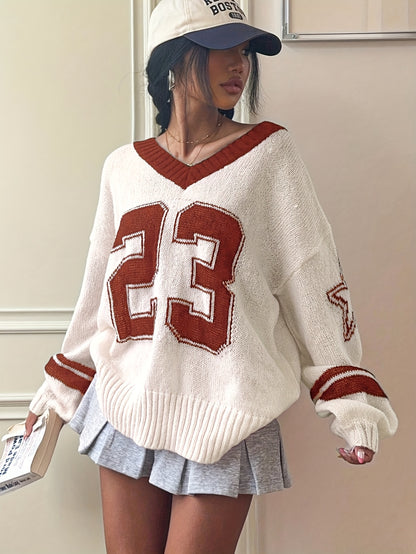 [Stylish Knitwear Sweater] Stylish Knitwear Women's V-Neck Pullover Sweater | Beige & Red Color Block, Machine Washable, PB-915 | Casual & Office Wear, Versatile, Medium Elasticity, Breathable Fabric, Seasonal Fashion