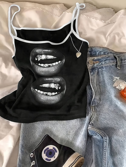 Women'S Casual Lip Print Cami Top with Black Straps and Backless Design - Polyester, Sleeveless, Adjustable, Summer Fashion, Casual Wear|Playful Graphic Cami|Strapless Desig