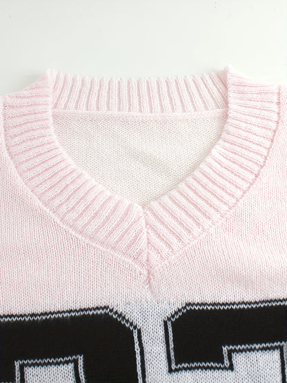 Women's Elegant V-Neck Sweater with Ribbed Detailing & Letter Print - Soft Medium-Stretch Long Sleeve Pullover for Spring/Autumn, Casual to Office Wear, Cute Sweater, Autumn Apparel, Soft Texture