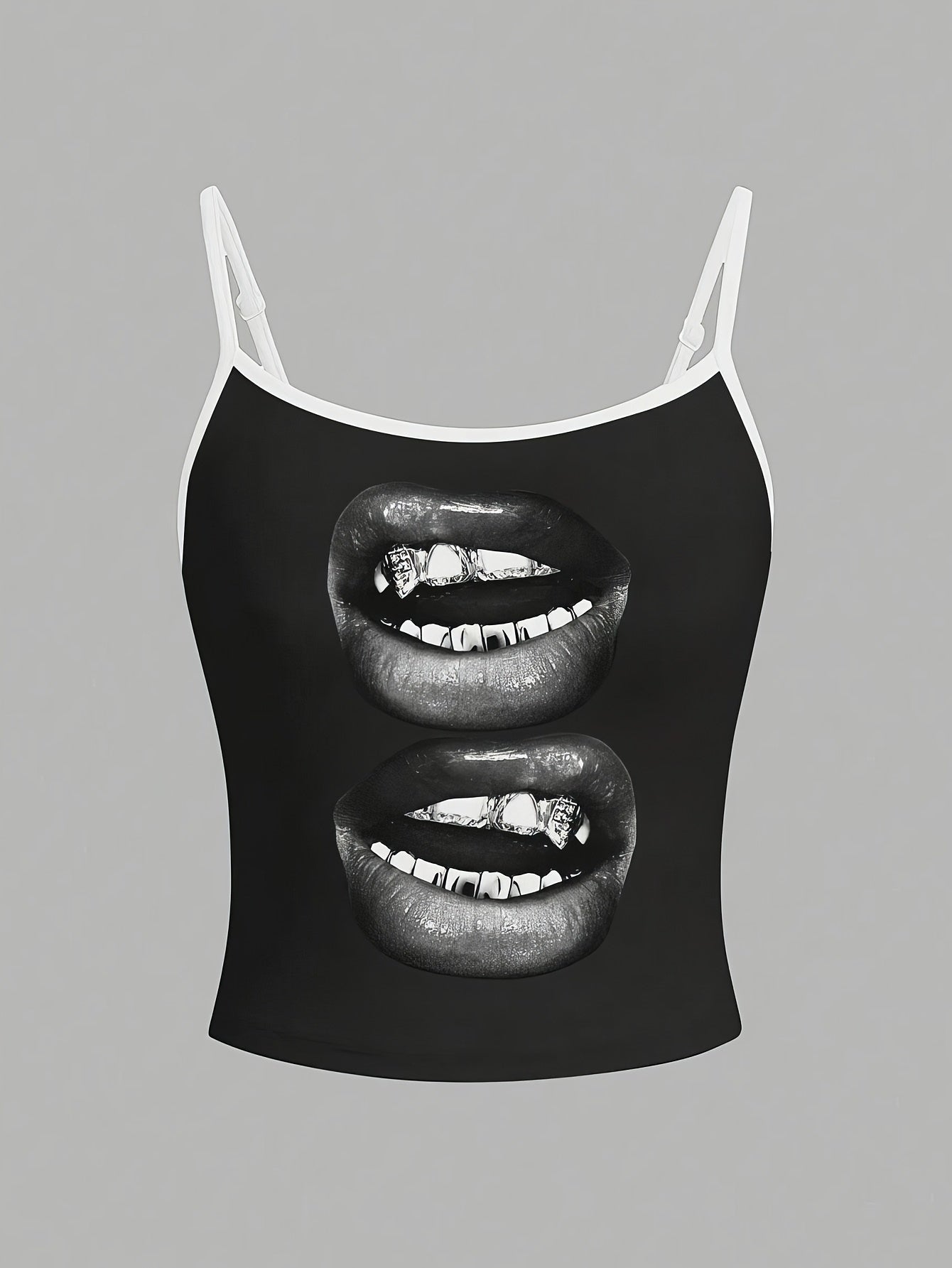 Women'S Casual Lip Print Cami Top with Black Straps and Backless Design - Polyester, Sleeveless, Adjustable, Summer Fashion, Casual Wear|Playful Graphic Cami|Strapless Desig