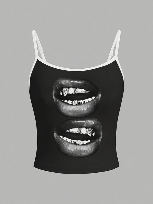 Women'S Casual Lip Print Cami Top with Black Straps and Backless Design - Polyester, Sleeveless, Adjustable, Summer Fashion, Casual Wear|Playful Graphic Cami|Strapless Desig