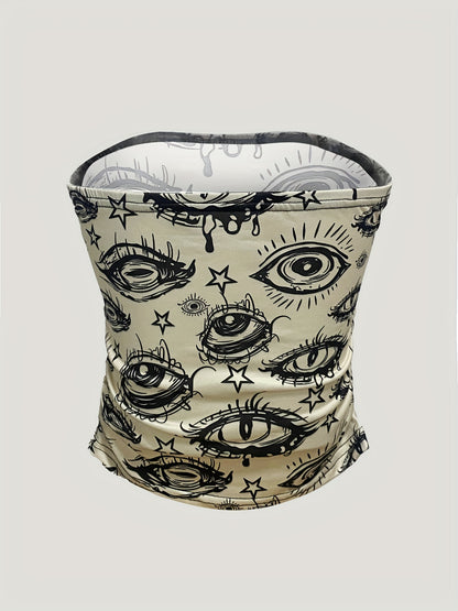 Women's Slim-Fit Off-Shoulder Strapless Top with Eye & Star Print - Stretchy Midriff-Baring Shirt, Machine Washable All-Season Chic Top for Casual & Evening Wear, Versatile Fashion, Eyecatching Design, Stretchy Fabric