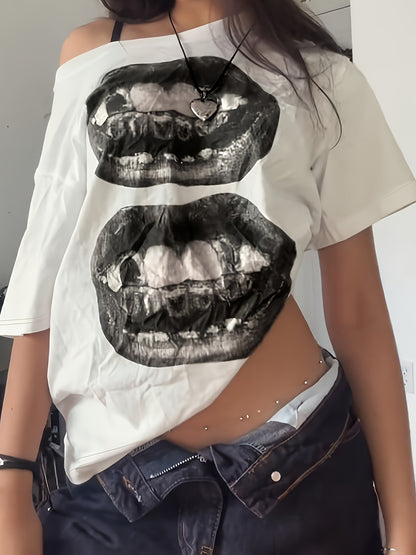 [Edgy Hip-Hop Tee] Edgy Women's Street Hip-Hop Graphic T-Shirt | Off-Shoulder Top, High-Stretch Loose Fit Casual Streetwear for Spring Summer Fall - Hip Hop T Shirt, Seasonal Fashion, Straps As Accessories, Comfortable Clothing