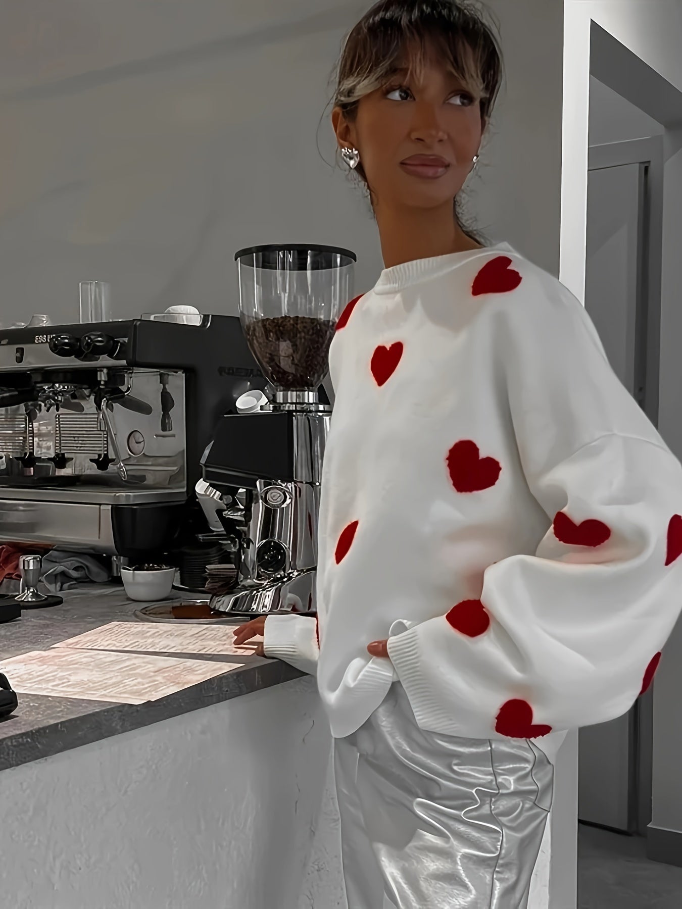 Valentine's Day Heart Knit Sweater - Cozy, Casual & Chic, Women's Easy-Care Polyester Top for Fall/Winter