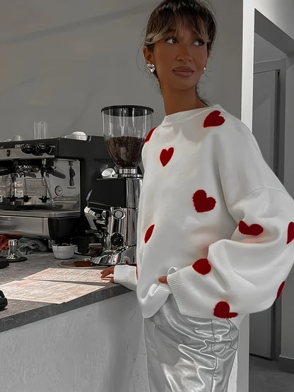 Valentine's Day Heart Knit Sweater - Cozy, Casual & Chic, Women's Easy-Care Polyester Top for Fall/Winter